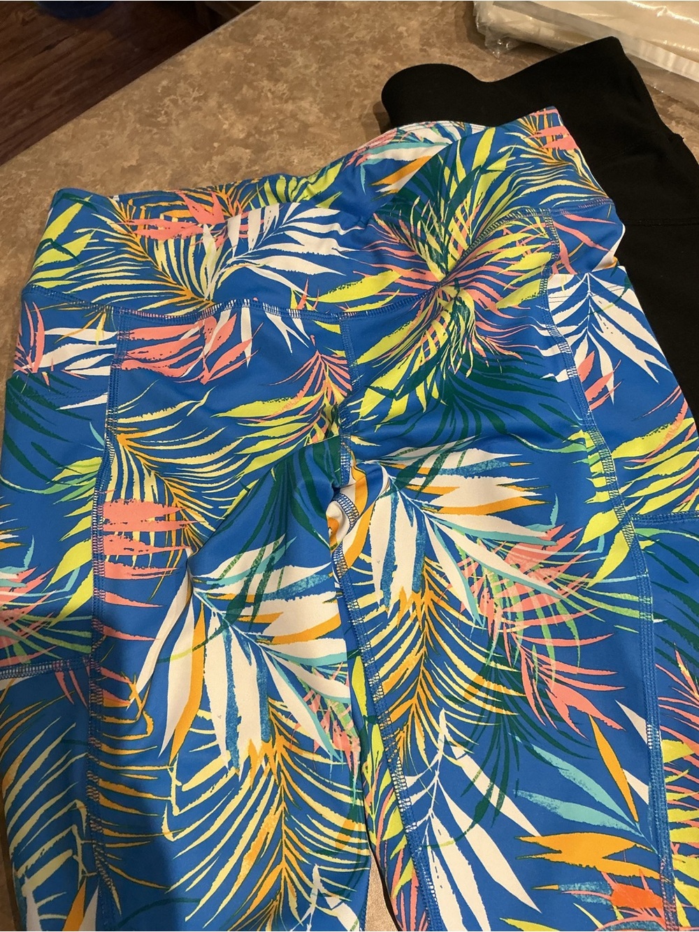 L.L. Bean Blue Tropical Print Leggings & Black Capris Duo